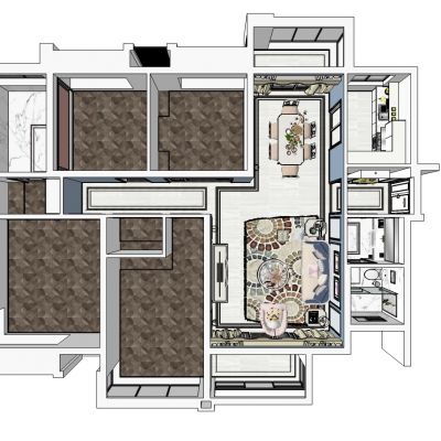 装饰主义门厅客餐厅厨房公卫SU模型