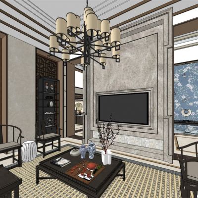 新中式客厅书房小花园SU模型