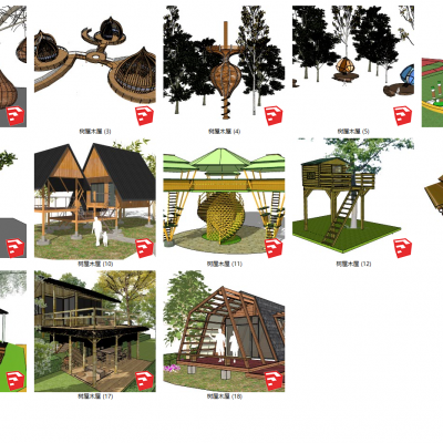 现代风格树屋木屋竹屋SU模型