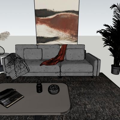 现代风格沙发边几茶几挂画植物组合