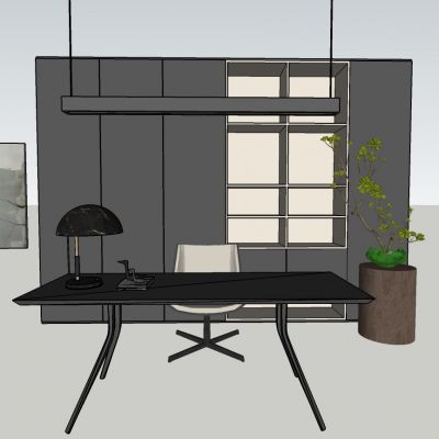 现代风格书桌椅台灯吊灯挂画植物组合