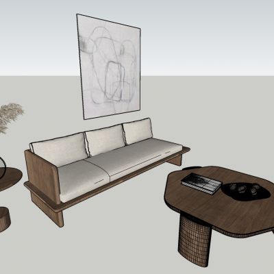 现代风格休闲沙发边几茶几挂画组合