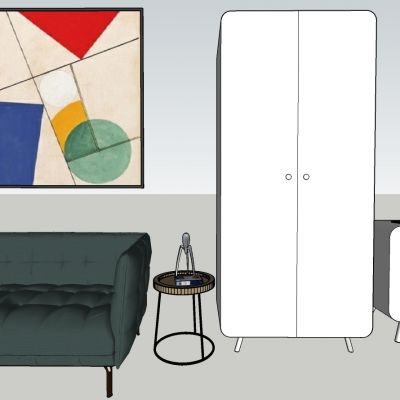 现代风格沙发边几挂画边柜组合