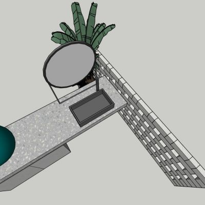 现代风格洗手台圆镜装饰灯植物组合