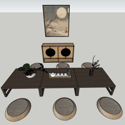 现代风格茶室茶具蒲垫挂画组合