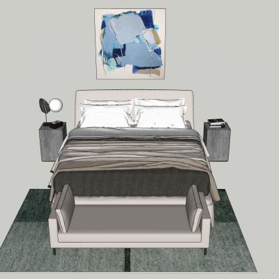 现代时尚双人床床头柜脚踏挂画