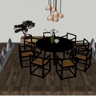 中式风格餐桌吊灯植物假山