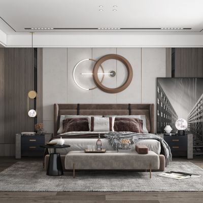 现代卧室，床，电视，窗帘，装饰画