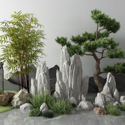 新中式假山 石头 松树 小草 竹子 景观小品