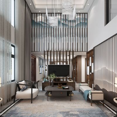 新中式客餐厅，新中式茶室，别墅客厅，茶室，