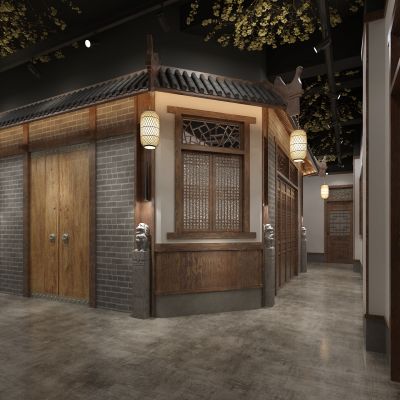 中式餐厅过道 灯笼 石狮子