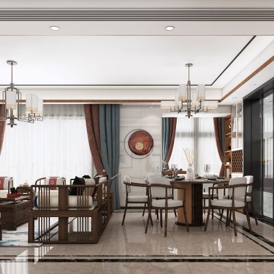 新中式客餐厅，新中式客厅，餐厅，新中式，