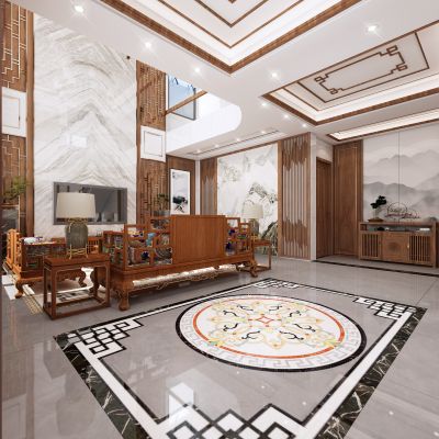 新中式别墅客餐厅，别墅客餐厅，挑空客餐厅，