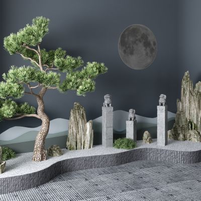 新中式松树 石狮子 景观小品