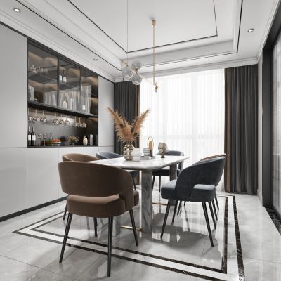 现代客厅餐厅，沙发，餐桌，电视柜，吊灯，装饰画