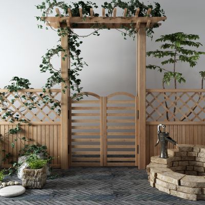 新中式篱笆 古井 水桶 石头