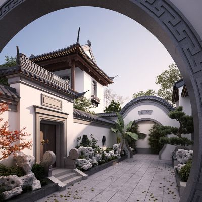 中式徽派园林 假山 景观树