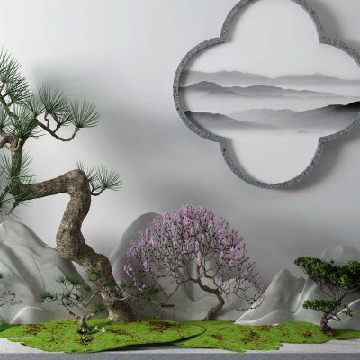 新中式松树 石狮子 景观树