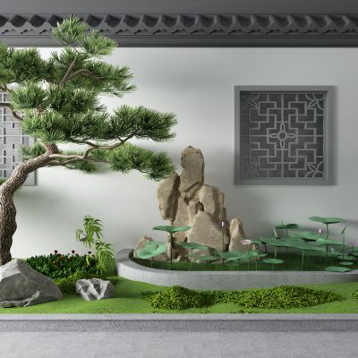 新中式松树 水池 石头