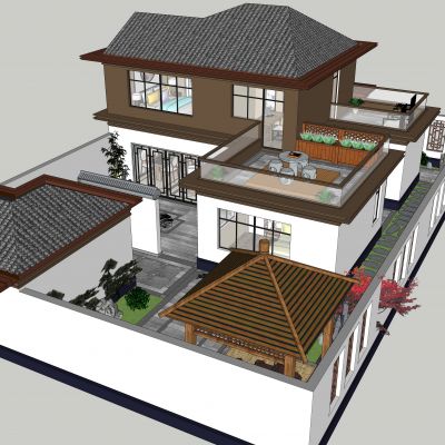 新中式建筑庭院景观室内