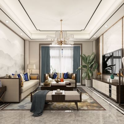 新中式客餐厅，新中式客厅，客厅，新中式，