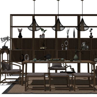 新中式桌椅组合摆件吊灯装饰架盆栽