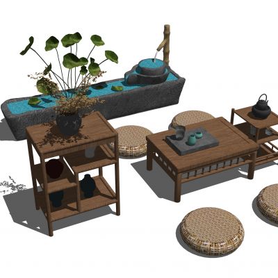 新中式茶桌椅荷花坐垫组合