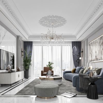 美式法式客厅，沙发，电视柜，吊灯，装饰画