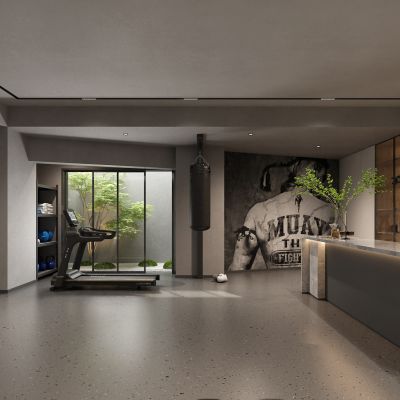 现代健身房 跑步机 吧台