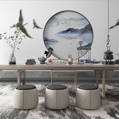 新中式茶桌椅 盆景 文房四宝 鹤