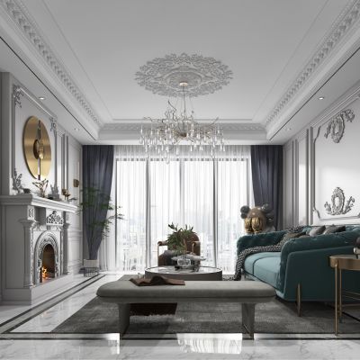 美式法式客厅，沙发，电视柜，吊灯，装饰画