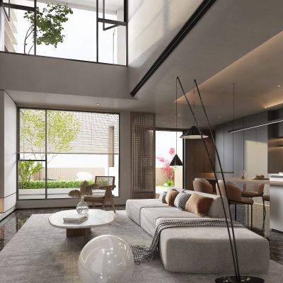 现代别墅 客厅 吧台 电视墙