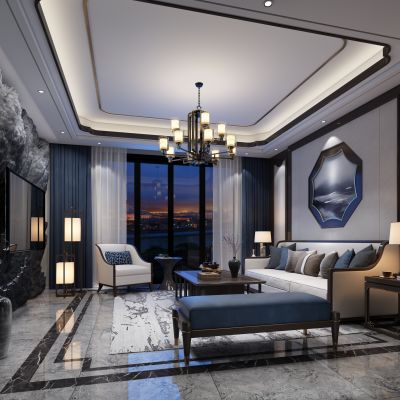 中式客厅夜景（浮雕背景墙）