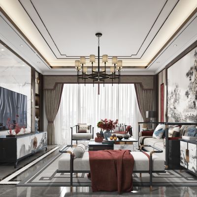 新中式客厅，沙发，电视柜，吊灯，装饰画