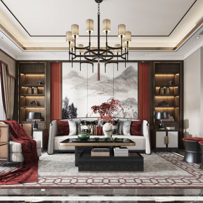 新中式客厅，沙发，电视柜，吊灯，装饰画