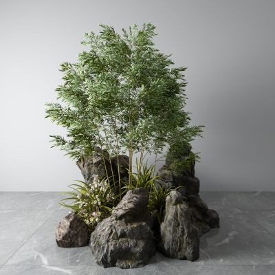 新中式景观小品 竹子 石头