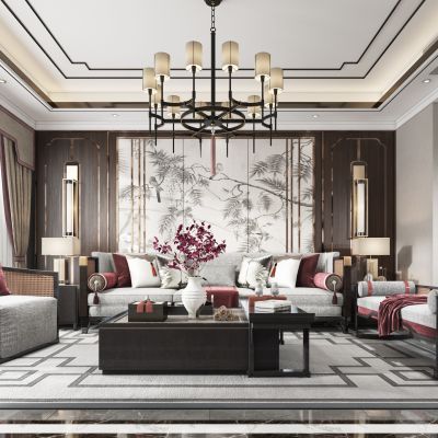 新中式客厅，沙发，电视柜，吊灯，装饰画