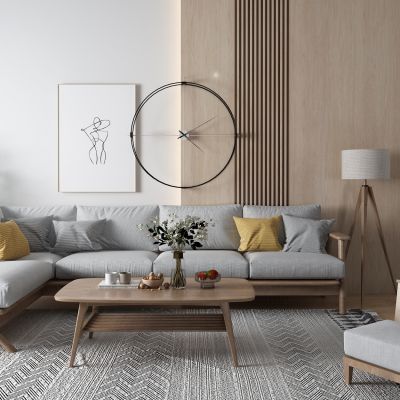 北欧转角沙发 盆栽 落地灯