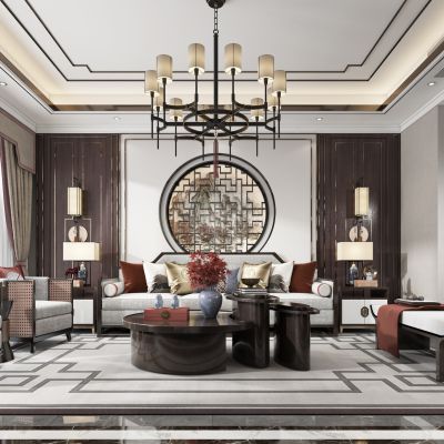 新中式客厅，沙发，电视柜，吊灯，装饰画