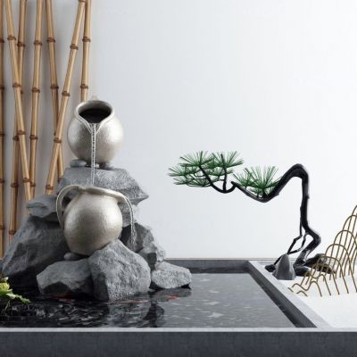 现代景观小品 流水 荷花 竹子 松树