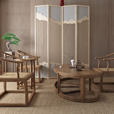 新中式休闲椅 茶桌 盆景 隔断
