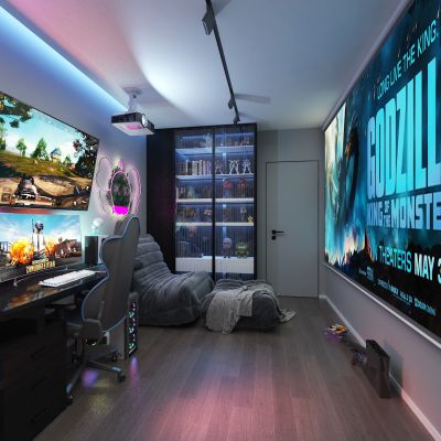 现代影音室 娱乐室 电脑桌 投影仪