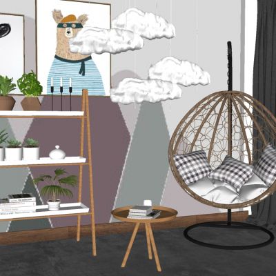 北欧户外休闲吊椅装饰柜挂画盆栽组合SU