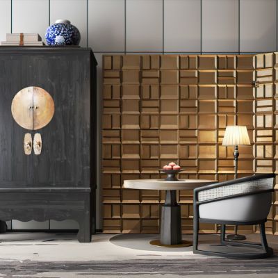 新中式客房屏风书桌休闲椅