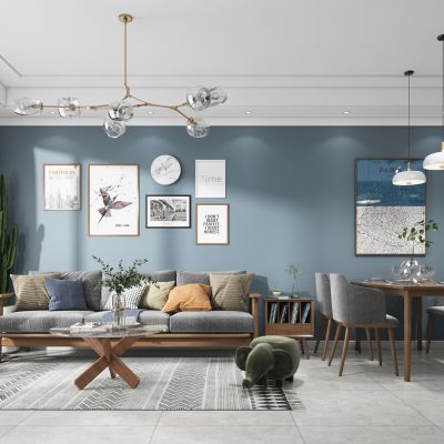 北欧客厅餐厅，沙发，餐桌，电视柜，吊灯，装饰画