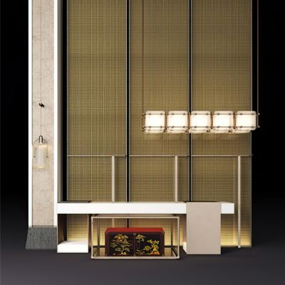 度假新中式酒店屏风吊灯装饰台