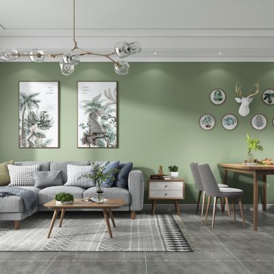 北欧客厅餐厅，沙发，餐桌，电视柜，吊灯，装饰画