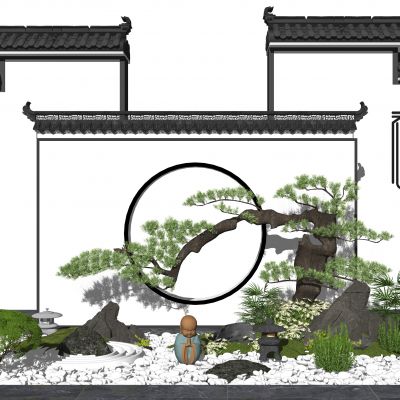 新中式景观小品景墙枯山石松树石头植物片石假山