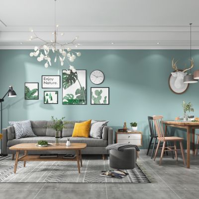 北欧客厅餐厅，沙发，餐桌，电视柜，吊灯，装饰画