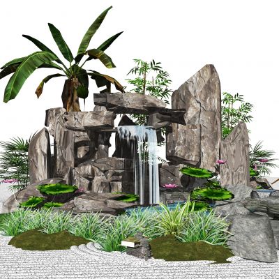 新中式假山石头景观小品跌水景观石头植物